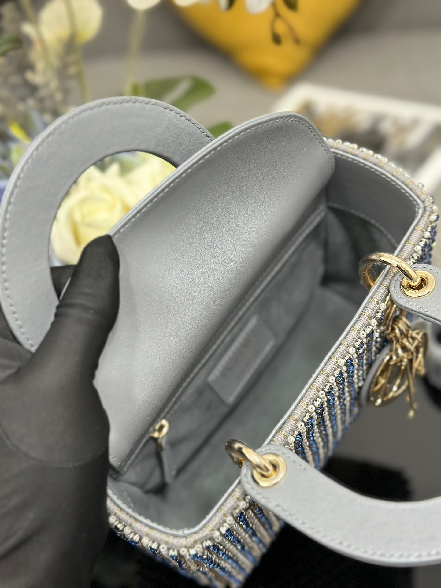 DO Mini Lady Bag Grey Sapphire Pearl decoration Embroidery