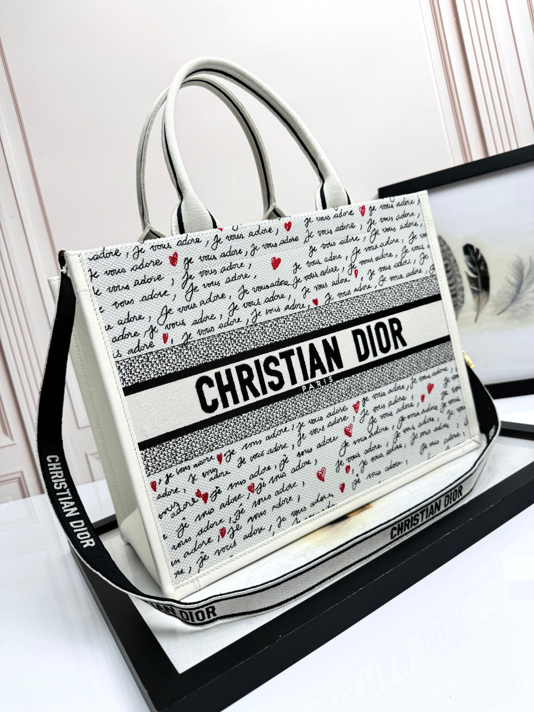 DO Dioramour Small Book Tote White Embroidery with Black and Red Je Vous Adore Motif and