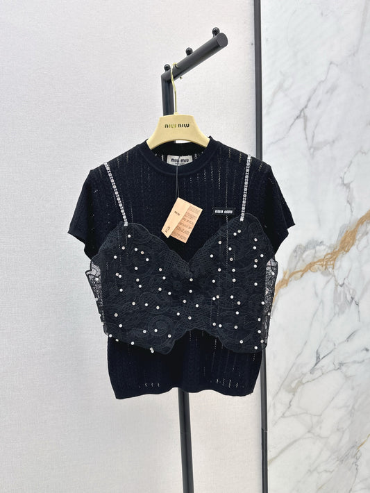 Mi 25ss knit beaded t-shirt