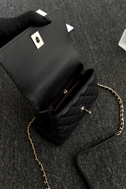 CH  MINI FLAP BAG WITH TOP HANDLE 19  Grained Calfskin Black