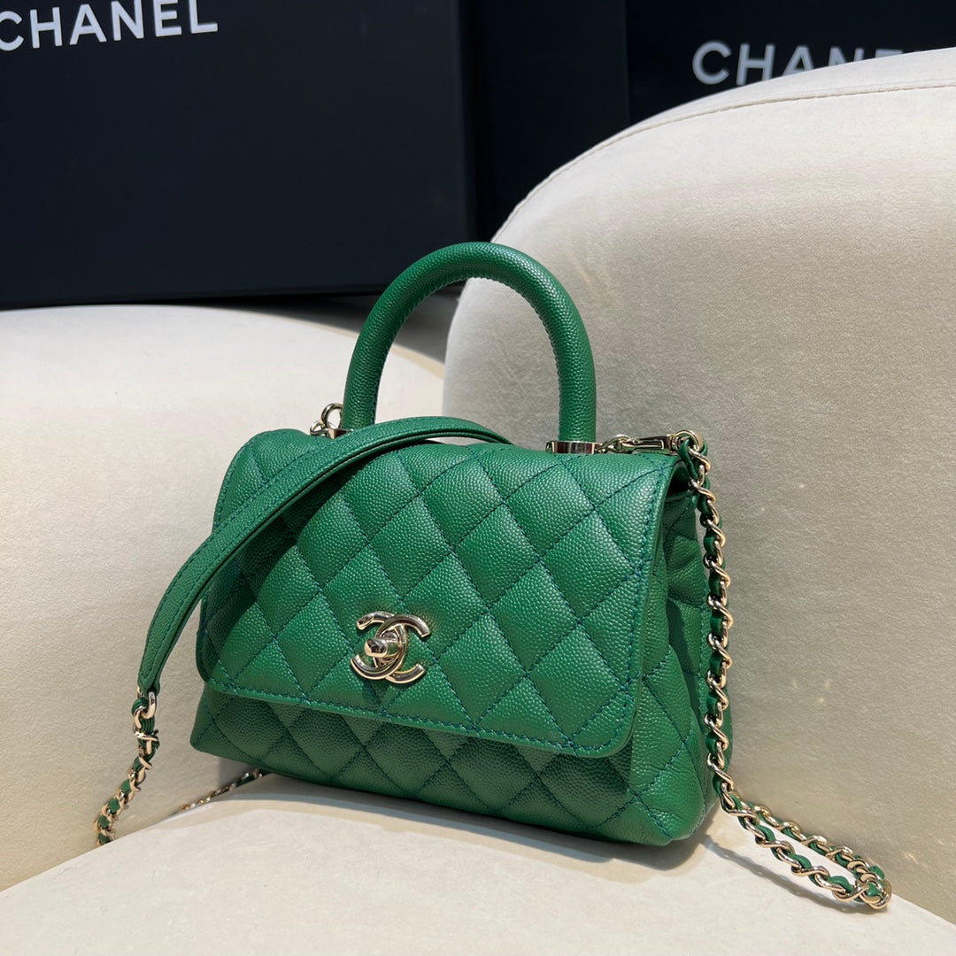 CH  MINI FLAP BAG WITH TOP HANDLE 19  Grained Calfskin Green