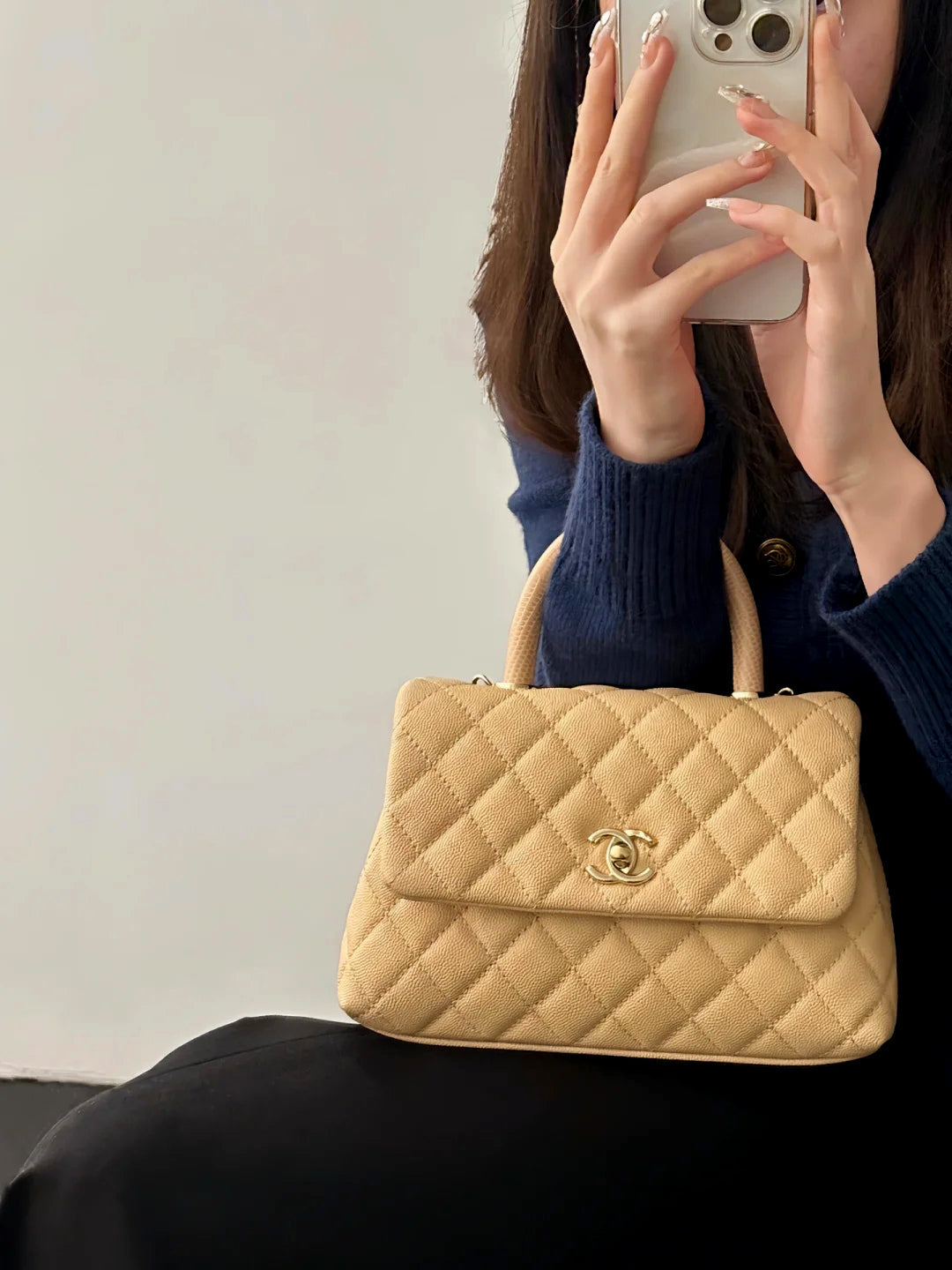 CH  FLAP BAG WITH TOP HANDLE 24  Small Grained Calfskin Light Teas