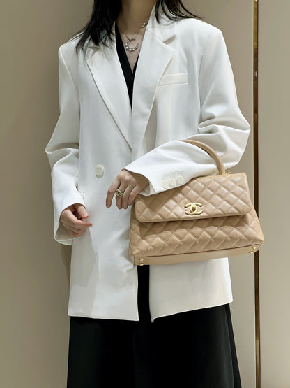 CH LARGE FLAP BAG WITH TOP HANDLE 29  Small Grained Calfskin Light Teas