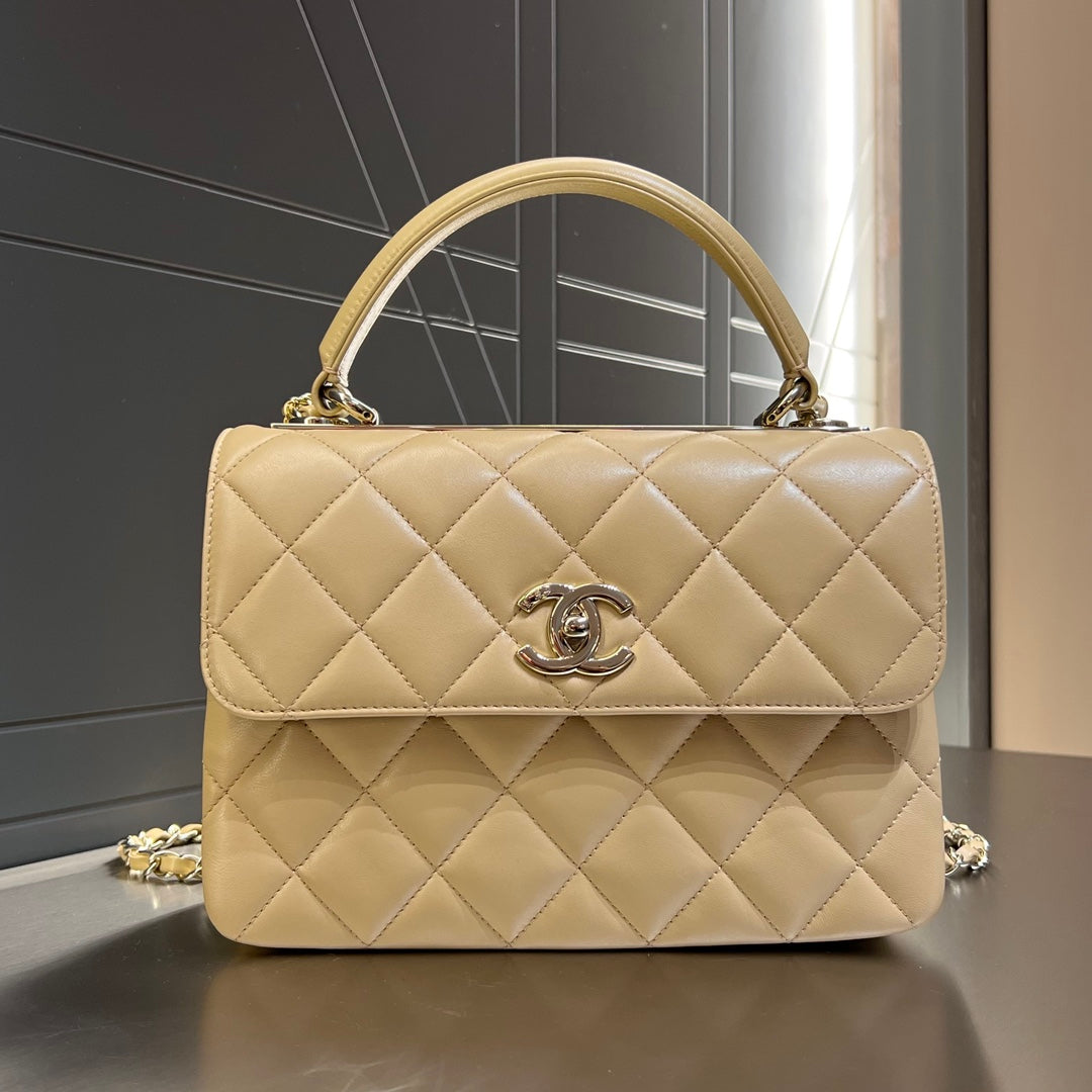 CH FLAP BAG WITH TOP HANDLE Trendy cc Lambskin Apricot