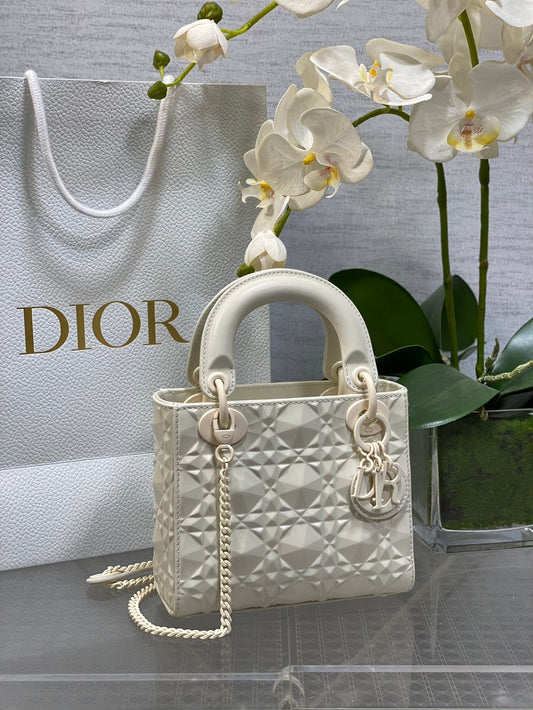 DO Mini Lady Bag  Matte White Diamond Pattern Calfskin