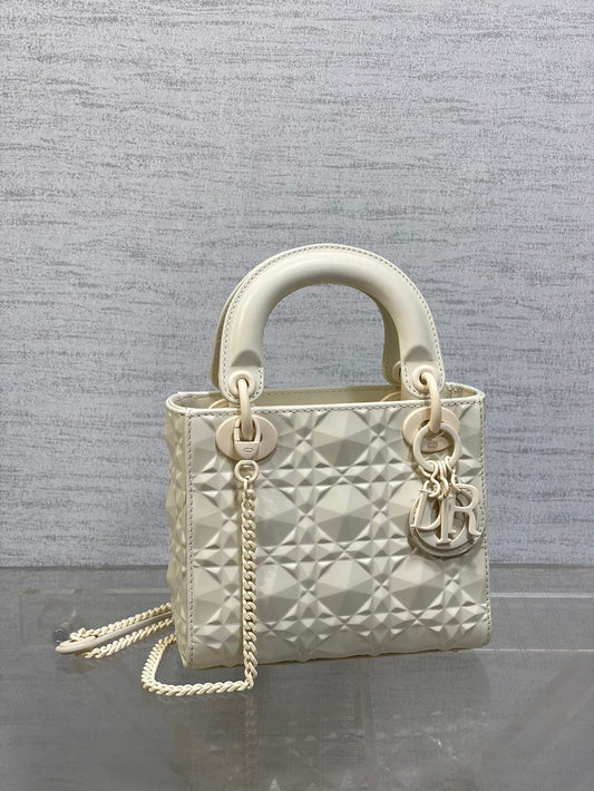 DO Mini Lady Bag  Matte White Diamond Pattern Calfskin