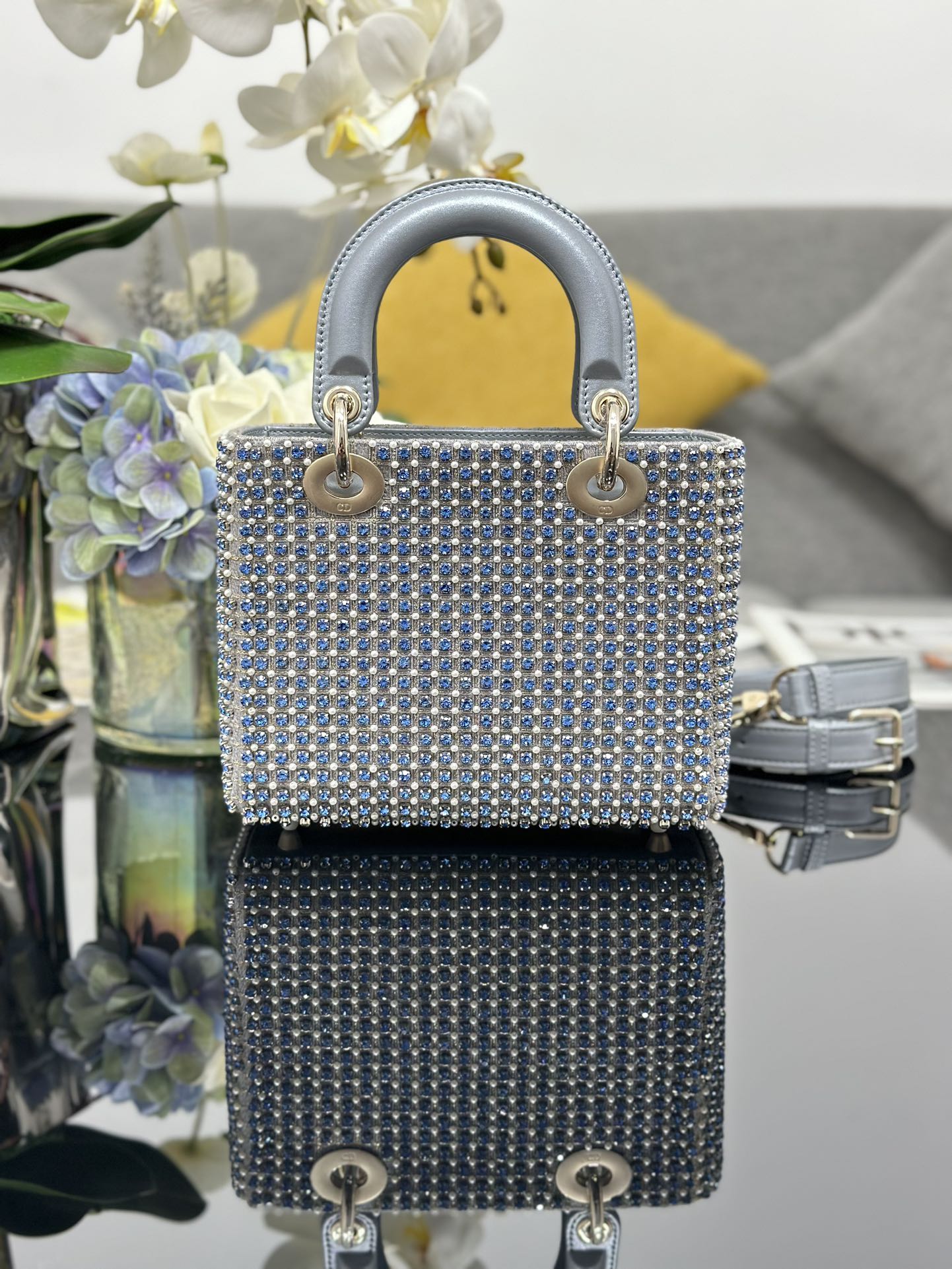 DO Mini Lady  Bag  Grey Sapphire Pearl decoration Embroidery