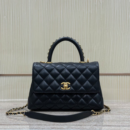 CH FLAP BAG WITH TOP HANDLE 24  Grained Calfskin Black