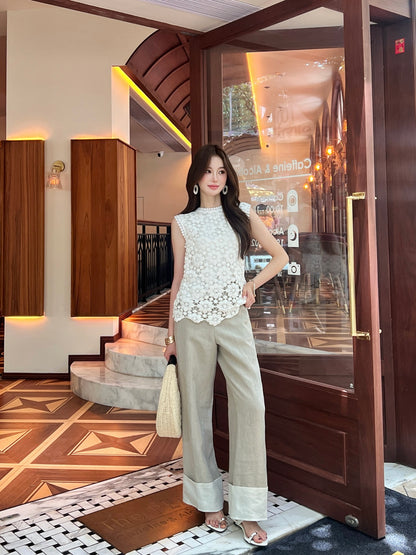 Loe 25ss Linen rolled-up pants